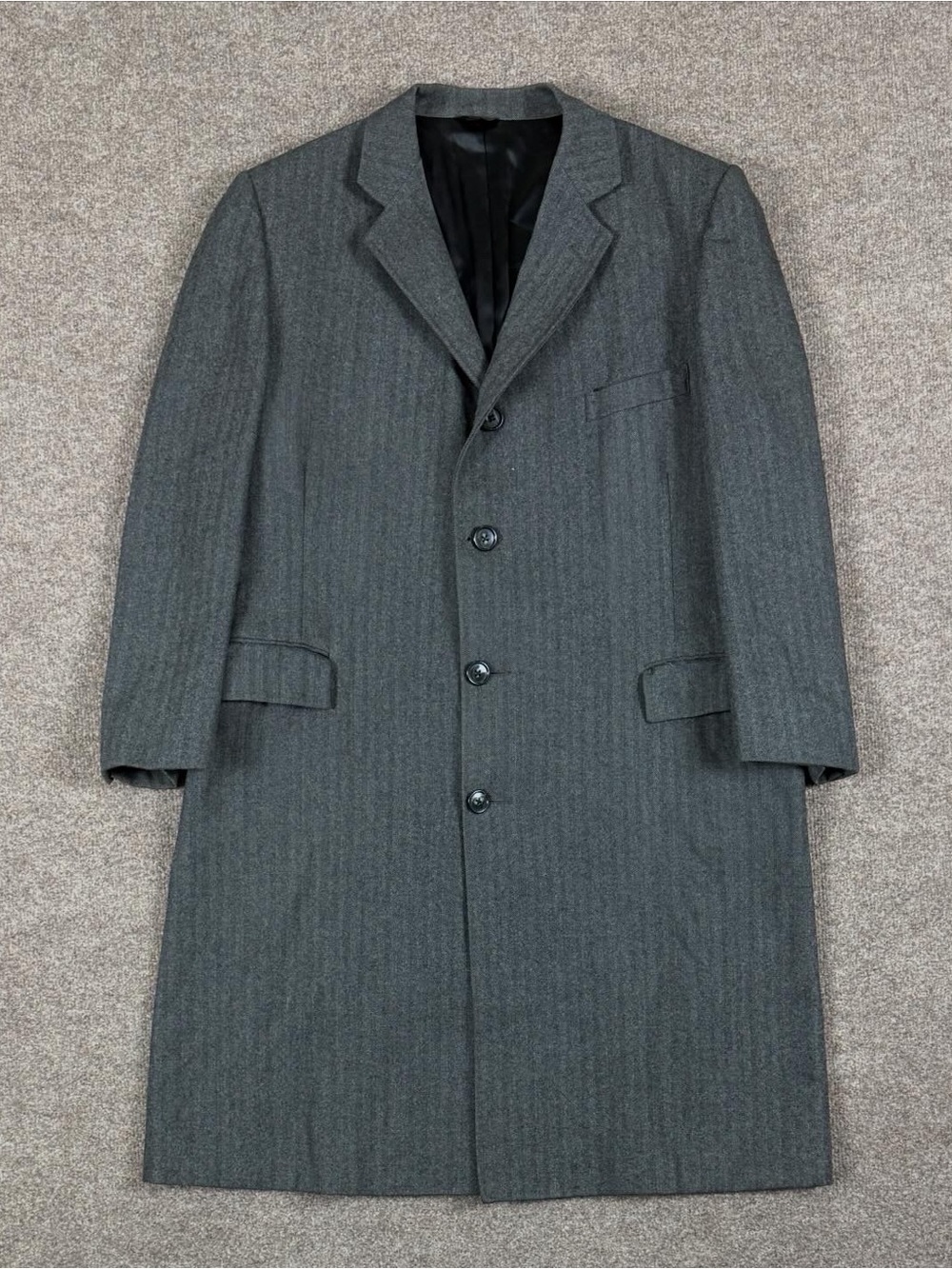 Vintage Grey Herringbone 100% Wool Long Single Breasted Coat Men’s L Overcoat